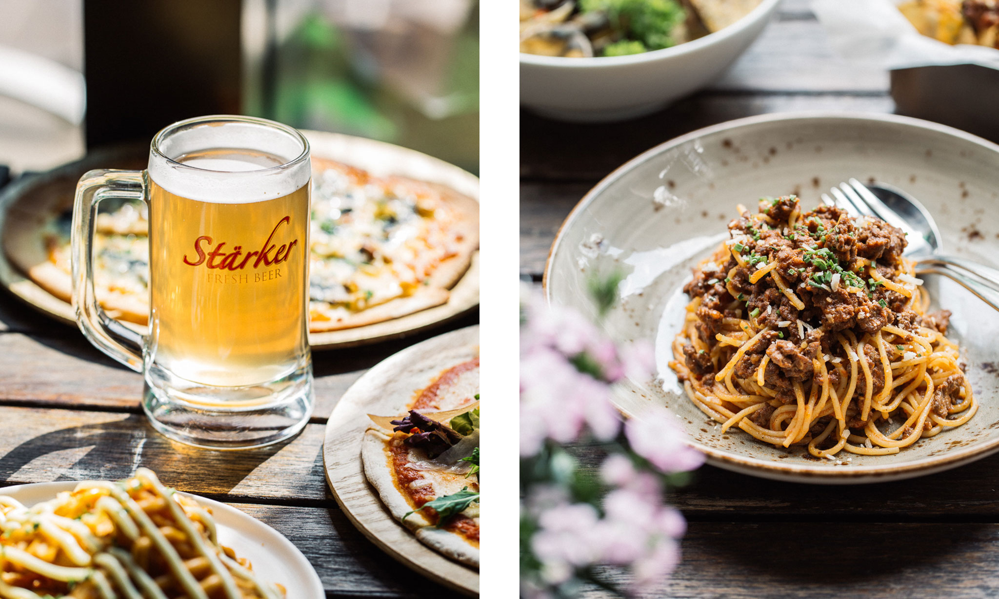 Food photography of beer and spaghetti